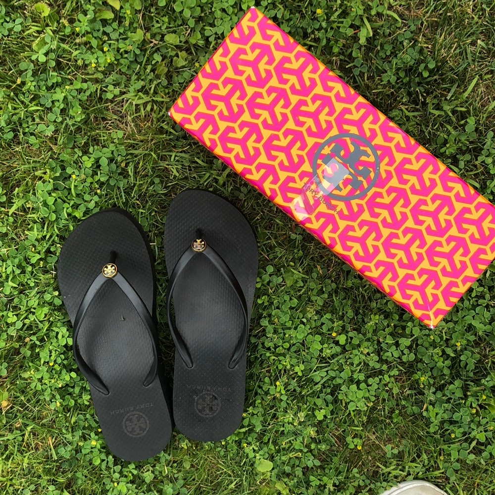 Black Tory Burch wedge flip flops